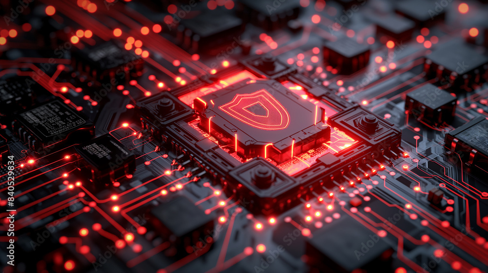 A computer chip with a red shield on it A computer chip with a red shield on it
