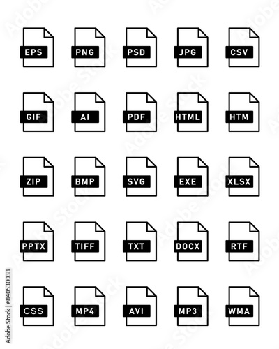 Various file format icons. Symbols, file extensions. Set of illustration icons.