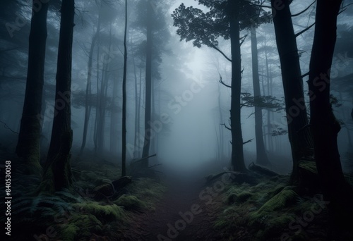 eerie haunted forest adventure fog low light conditions captured fast lens high iso  spooky  lighting  mysterious  dark  shadowy  trees  creepy  mist  exploration