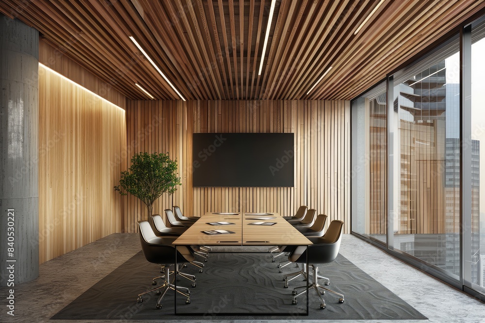 Wooden office interior with meeting table and chairs, tv screen and window Wooden office interior with meeting table and chairs, tv screen and window