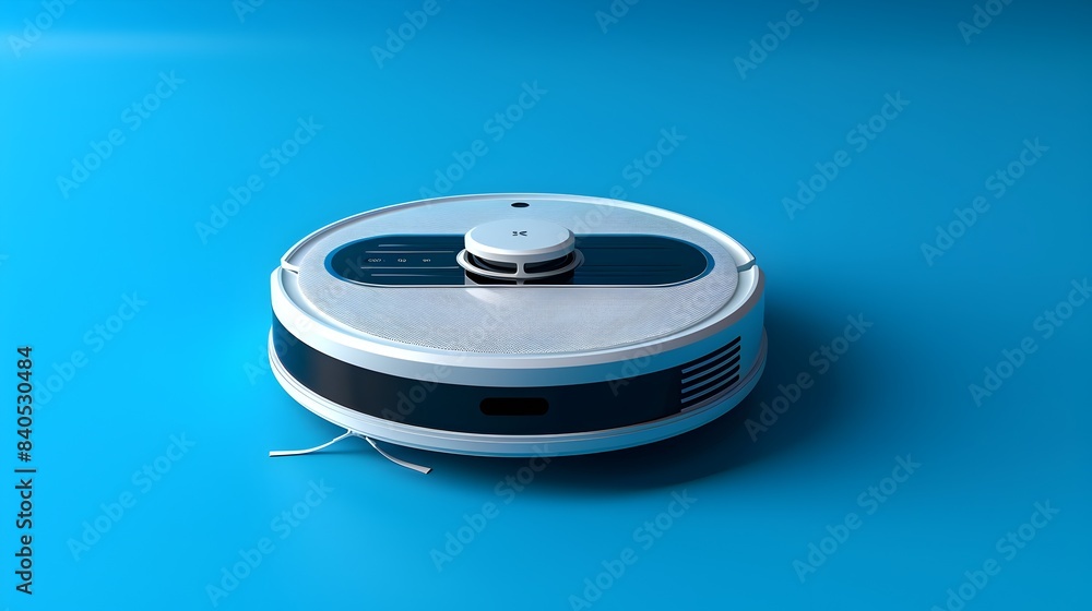 Detailed 3D Render of a Compact Robotic Vacuum Cleaner on a Bright Blue Gradient Background Detailed 3D Render of a Compact Robotic Vacuum Cleaner on a Bright Blue Gradient Background