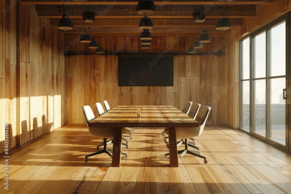 Wooden office interior with meeting table and chairs, tv screen and window Wooden office interior with meeting table and chairs, tv screen and window