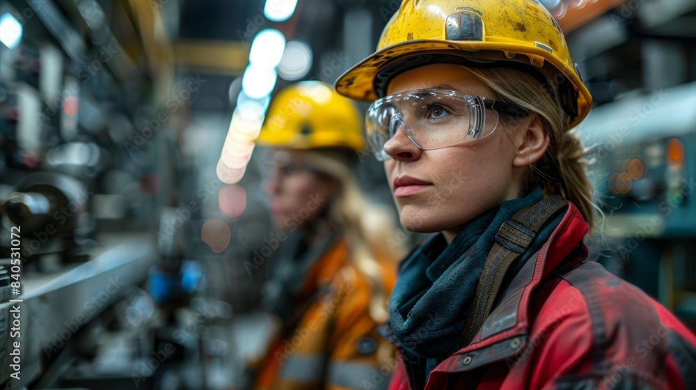 Factory workers wearing safety gear, operating heavy machinery in a metalworking plant, emphasizing industrial safety. Factory workers wearing safety gear, operating heavy machinery in a metalworking plant, emphasizing industrial safety.