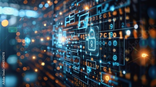 A digital illustration of cybersecurity with a padlock icon and data streams