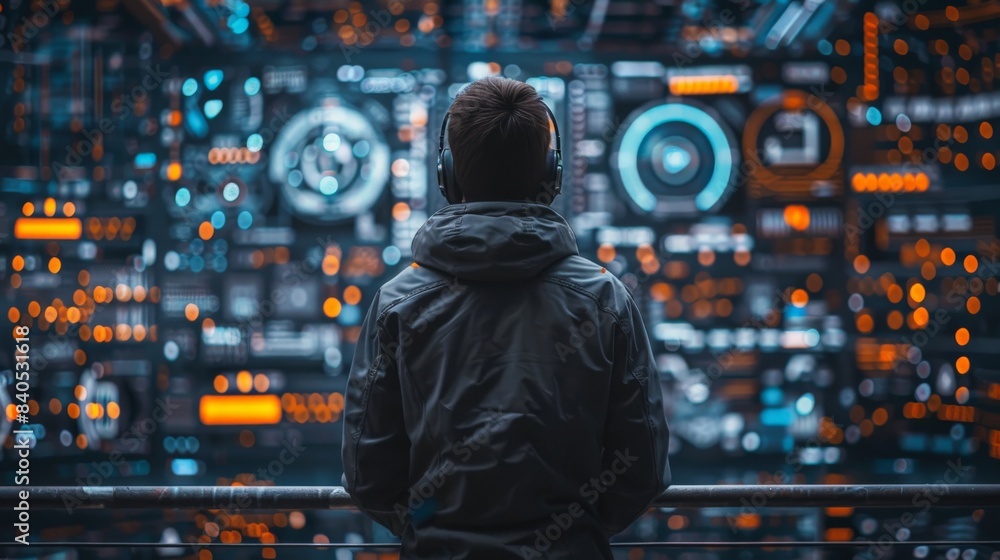 A cybersecurity analyst stands before a wall of data, vigilantly protecting the digital realm from cyber threats A cybersecurity analyst stands before a wall of data, vigilantly protecting the digital realm from cyber threats
