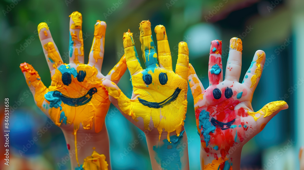 Fototapeta premium Kids hands paint. Close-up portrait of kids hands covered in paint. Smiley on hands. Back to school 