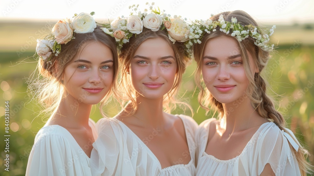 Happy Young Women with Floral Crowns celebrate Summer Solstice Holiday in Meadow at Sunset. Generative ai Happy Young Women with Floral Crowns celebrate Summer Solstice Holiday in Meadow at Sunset. Generative ai