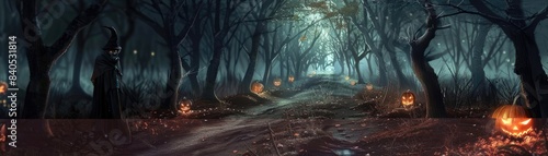 Eerie forest path lit by glowing jack-o'-lanterns, creating a spooky Halloween atmosphere in a dark and foggy woodland setting. © Thamonchanok