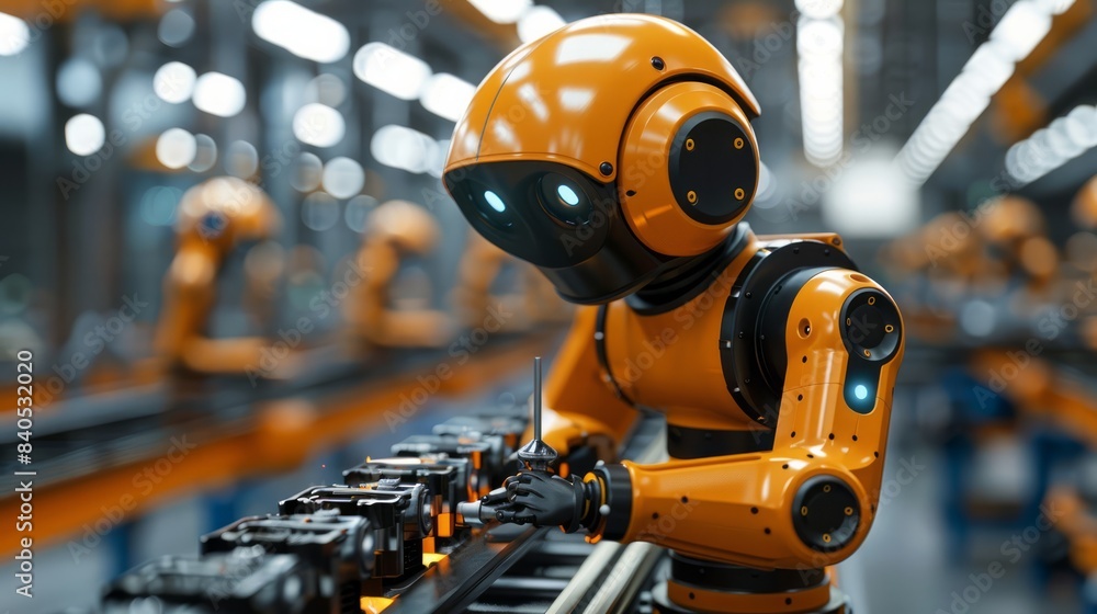 Industrial robots welding components on an assembly line, showcasing the precision and speed of modern industry. Industrial robots welding components on an assembly line, showcasing the precision and speed of modern industry.