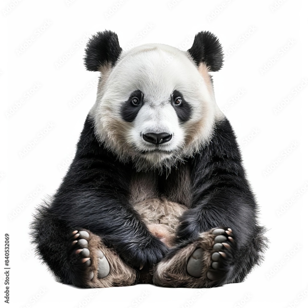 Photo of a cute panda sitting on a white background. The panda looks directly at the camera with a relaxed and adorable expression. Photo of a cute panda sitting on a white background. The panda looks directly at the camera with a relaxed and adorable expression.