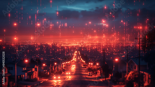 A city street at night with a red sky and a lot of lights