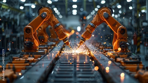 Industrial robots welding components on an assembly line, showcasing the precision and speed of modern industry.