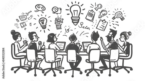 Doodle Line Art of Brainstorming Team Around Table with Laptops and Lightbulb Ideas