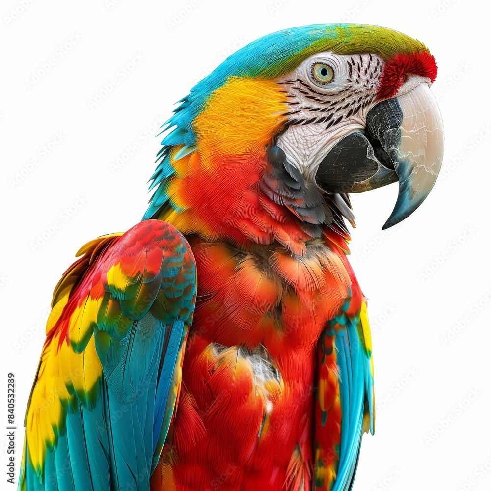 Fototapeta premium Vibrant close-up of a colorful parrot with bright plumage, showcasing its striking and vivid colors against a white background.