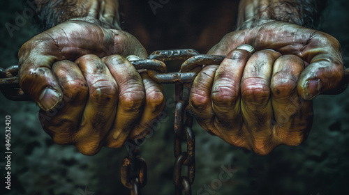 strong dirty male hands trying to break a strong iron chain