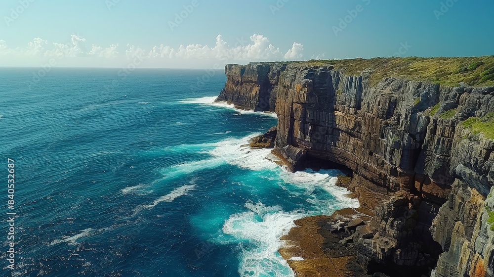 Obraz premium Aerial view of dramatic coastal cliffs with crashing waves
