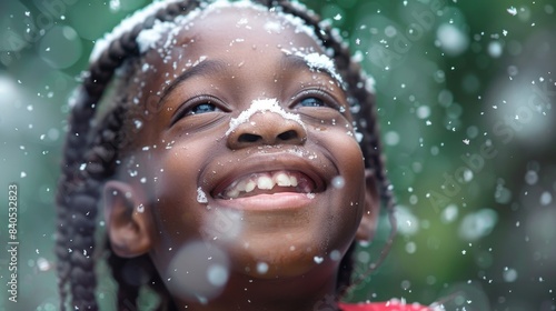 Climate changes and global warming concept. African Happy Boy Enjoying Snowfall on Nature. Generative ai