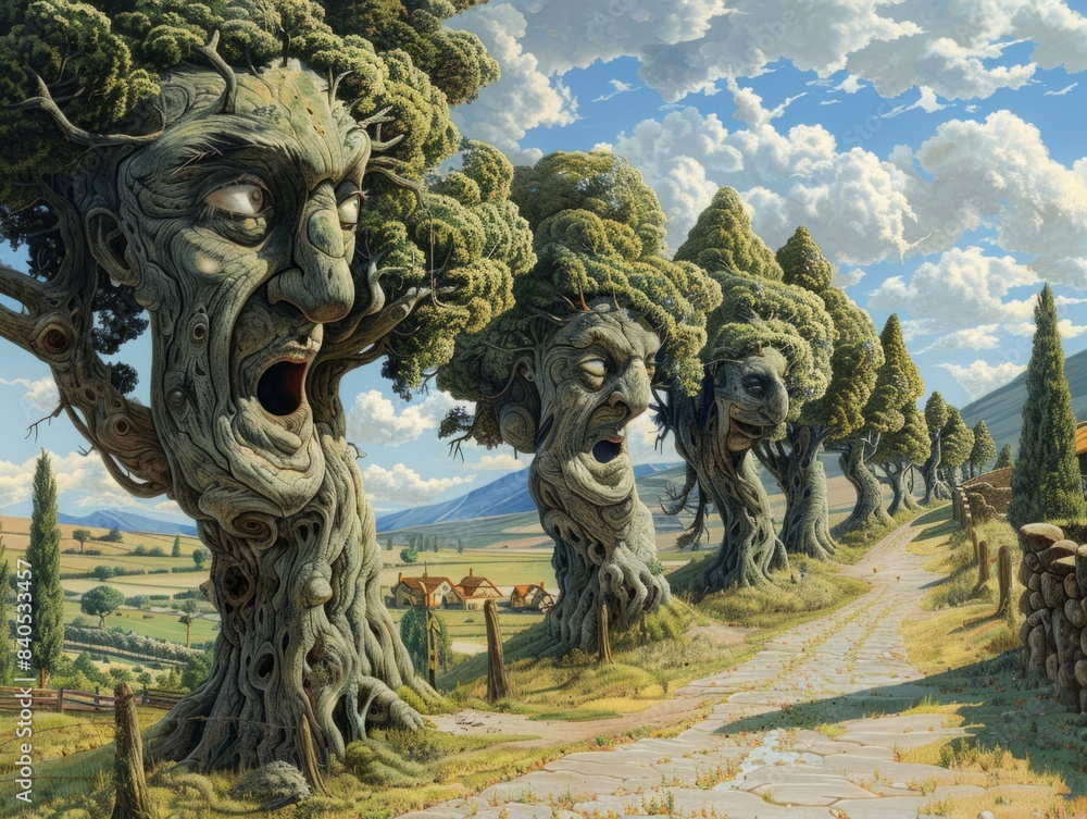 Sentient Arboreal Beings - Surreal Landscape of Trees with Human Faces and Limbs Expressing Wisdom and Melancholy Sentient Arboreal Beings - Surreal Landscape of Trees with Human Faces and Limbs Expressing Wisdom and Melancholy