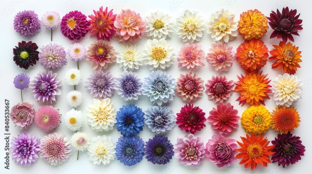 A variety of colorful flowers arranged in rows on top of each other, including roses and dahlia blossoms, on a gray background. A variety of colorful flowers arranged in rows on top of each other, including roses and dahlia blossoms, on a gray background.