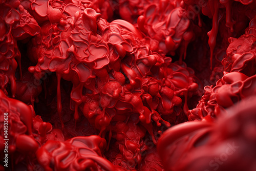 Close-up featuring an abstract flow of red fluid, creating an organic texture that resembles cellular forms photo