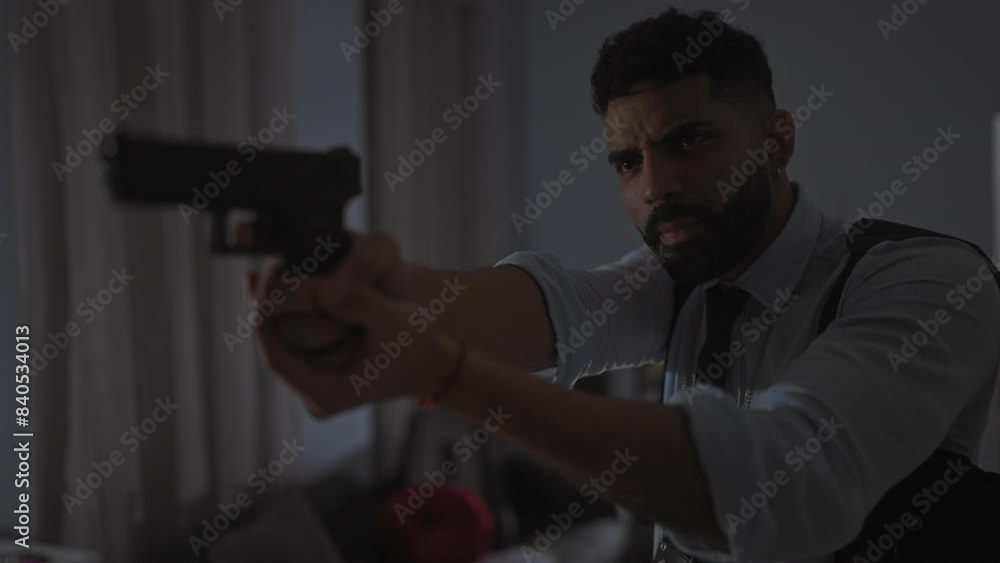 Hispanic man aiming handgun intensely in a dimly lit modern living room Hispanic man aiming handgun intensely in a dimly lit modern living room