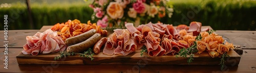 A rustic charcuterie board featuring a variety of meats and garnishes, elegantly displayed outdoors with a floral backdrop.