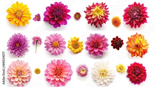 A variety of colorful flowers arranged in rows on top of each other, including roses and dahlia blossoms, on a gray background.
