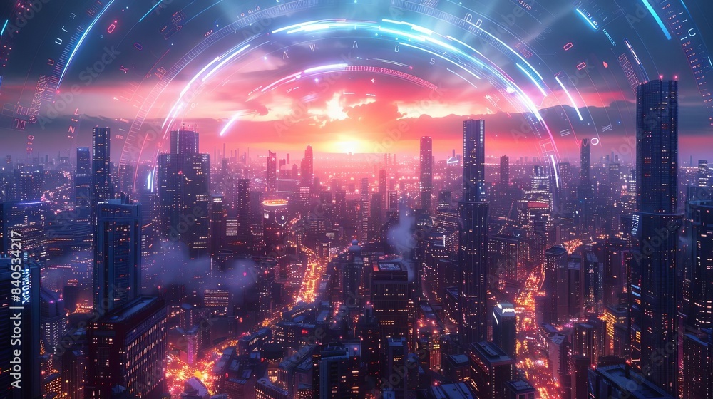 Fototapeta premium A futuristic cityscape under a holographic dome showcasing clean air technology
