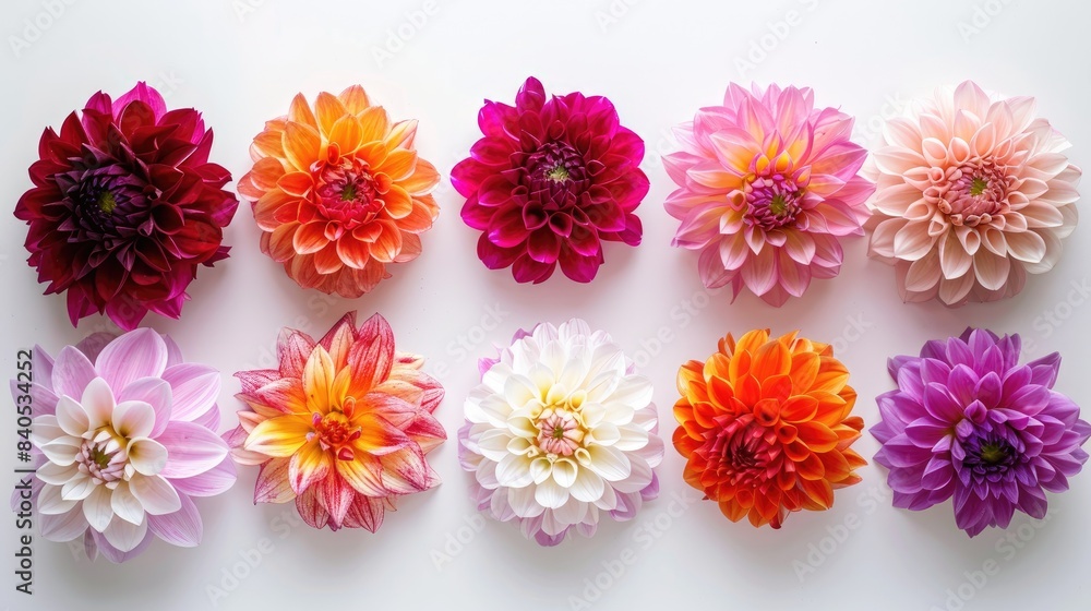 A variety of colorful flowers arranged in rows on top of each other, including roses and dahlia blossoms, on a gray background. A variety of colorful flowers arranged in rows on top of each other, including roses and dahlia blossoms, on a gray background.