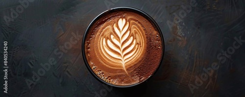 Flat lay of a decadent chocolate latte with a foam design, placed in the upperleft third against a black background photo