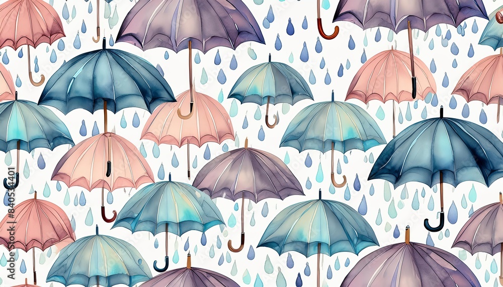 Fototapeta premium 雨の中のカラフルな傘を描いた魅力的な水彩イラスト、鮮やかな雨粒が周囲に降り注ぐ。遊び心と幻想的なデザインが喜びと陽気さを感じさせ、雨の日を明るくする。 