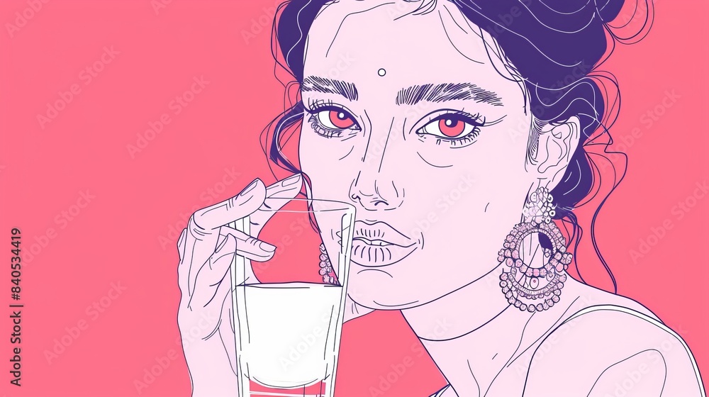 Isolated on a painted background, a cute woman is holding a coffee cup, drinking makeup and applying cosmetics Isolated on a painted background, a cute woman is holding a coffee cup, drinking makeup and applying cosmetics