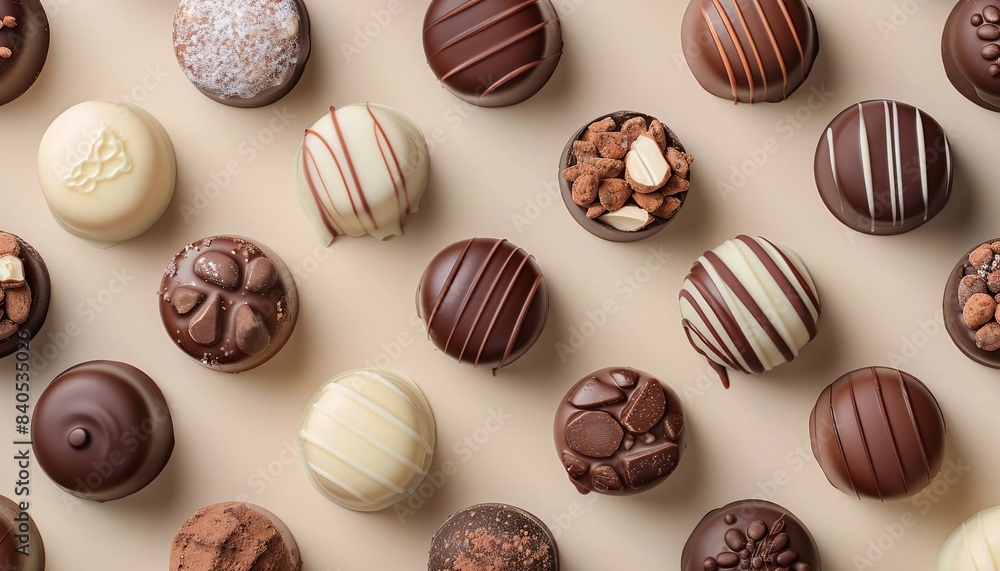 Flat lay of a variety of chocolate pralines, placed in the upperleft third against a beige background Flat lay of a variety of chocolate pralines, placed in the upperleft third against a beige background