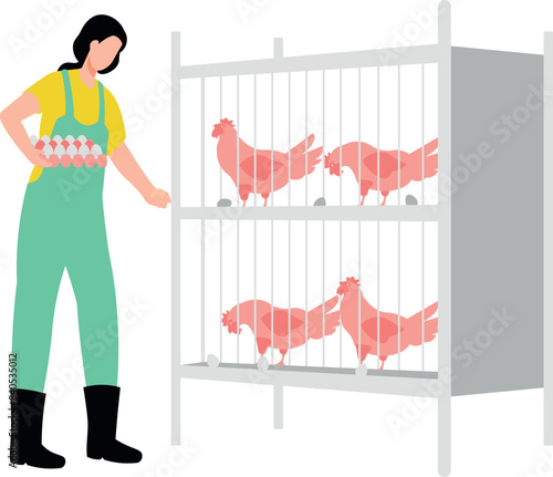 The girl is collecting eggs from the hen's cage.