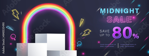 Stage podium design for product display with glowing neon lgbt rainbow color light in dark banner background, pride month sale concept, vector design