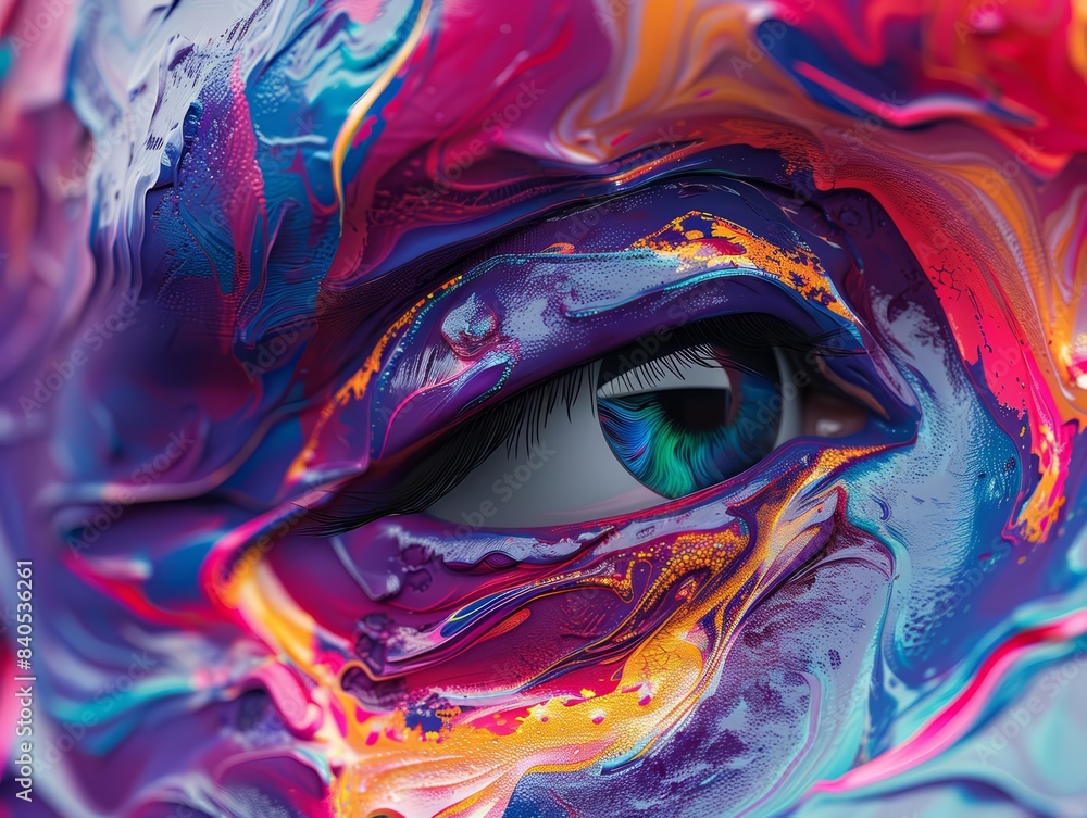 A vibrant and abstract close-up of a human eye surrounded by dynamic colorful paint strokes. A vibrant and abstract close-up of a human eye surrounded by dynamic colorful paint strokes.
