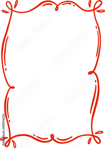 Romantic curly decorative vector frame. A cute clipart element in hand-drawn style. Isolated decoration in red color. Suitable for wedding or birthday invitation, poster, greeting card.