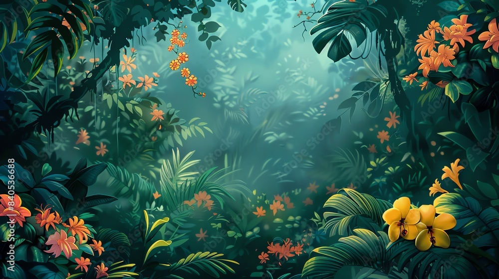 Lush greenery and tropical flowers in painting style Lush greenery and tropical flowers in painting style