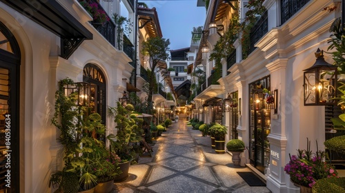 A bustling city center street lined with white buildings and lush greenery  boasting luxurious shops flanking an alley adorned with vibrant flowers.