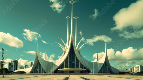 Striking image of the futuristic Cathedral of Brasília, featuring its modern design and dramatic skyward-reaching spires. photo