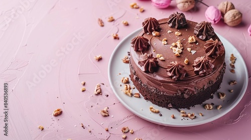 Flat lay of a chocolate cake topped with nuts, located in the upperright third on a white plate with a pastel pink background photo