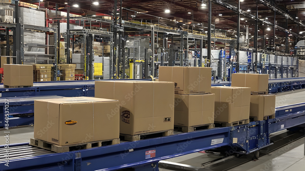 Naklejka premium conveyor belt in warehouse, distribution concept background, ai generated