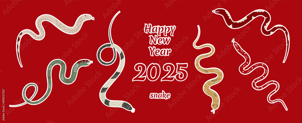 A set of stickers of different snakes for decoration for the new year 2025. Snakes of different colors. Snake stickers. New Year's Eve 2025. A set of stickers of different snakes for decoration for the new year 2025. Snakes of different colors. Snake stickers. New Year's Eve 2025.