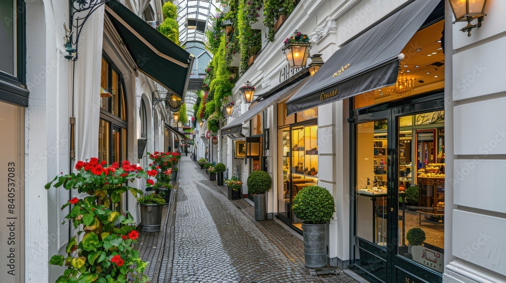 Fototapeta premium A bustling city center street lined with white buildings and lush greenery, boasting luxurious shops flanking an alley adorned with vibrant flowers.