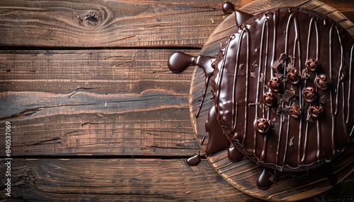 Flat lay of a chocolate cake with dripping ganache, positioned in the lowerleft third on a wooden background photo