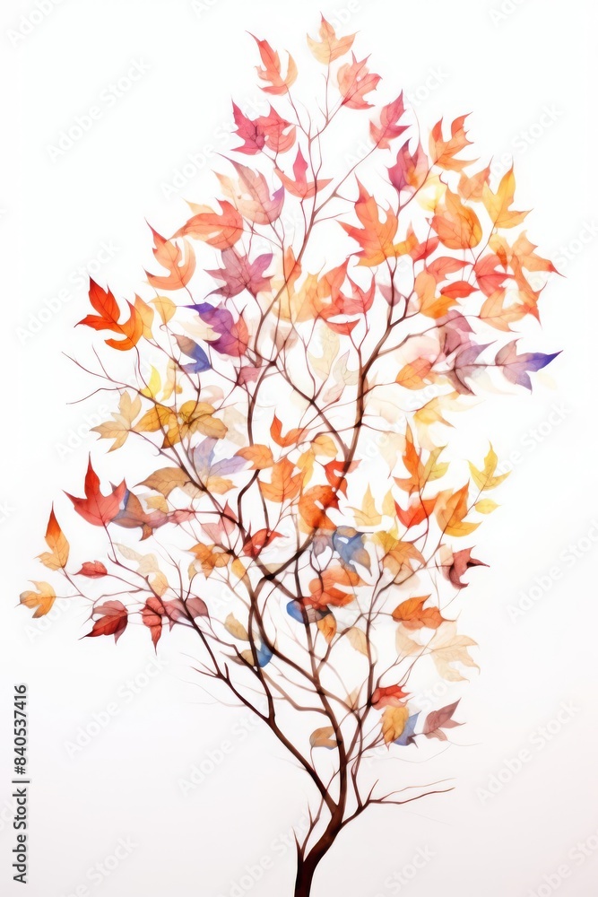 A delicate branch with vibrant fall leaves in shades of red, orange, and yellow, isolated on a white background. A delicate branch with vibrant fall leaves in shades of red, orange, and yellow, isolated on a white background.