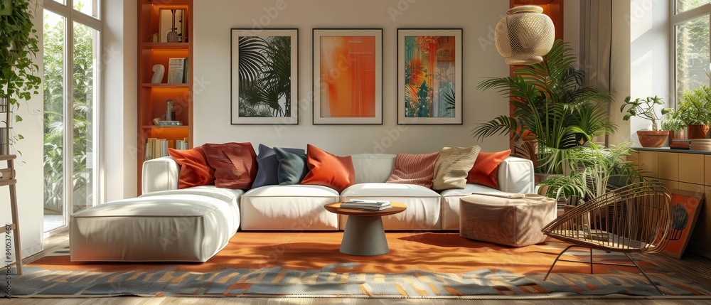 Obraz premium Capture a striking tilted-angle view of a modern living room embracing the Real is Radical trend in home decor, featuring vibrant colors and eclectic pieces