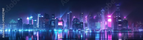 An illustration of a futuristic neon night city. A nightscape of a city at night. Neon lights  a large metropolitan area  and high-rise buildings are shown in 3D.