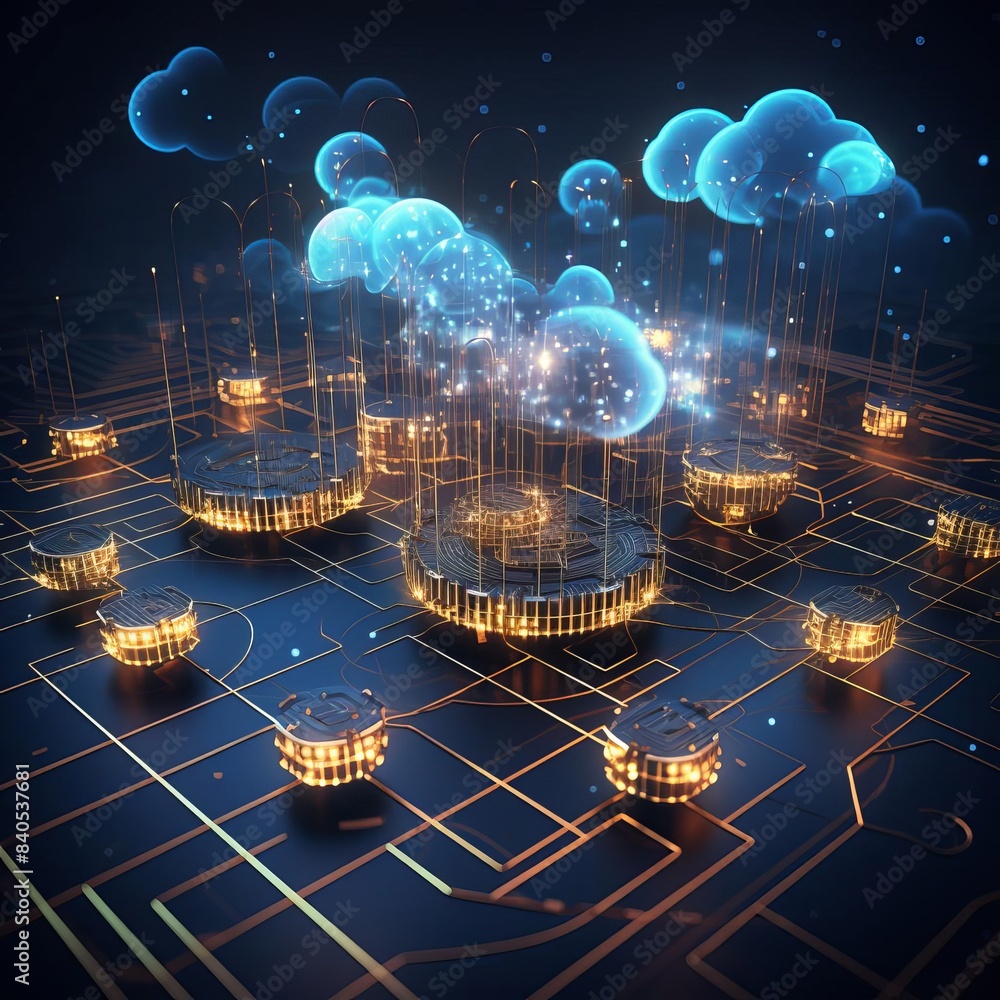 Abstract digital cloud computing concept with glowing servers and data streams. Abstract digital cloud computing concept with glowing servers and data streams.