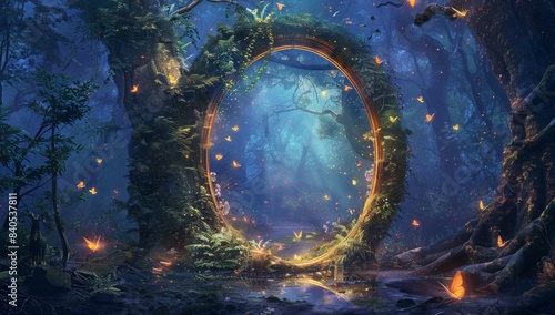 Dark mysterious forest with magical magic mirror  portal to another world. Fantasy forest in the night. 3D illustration.